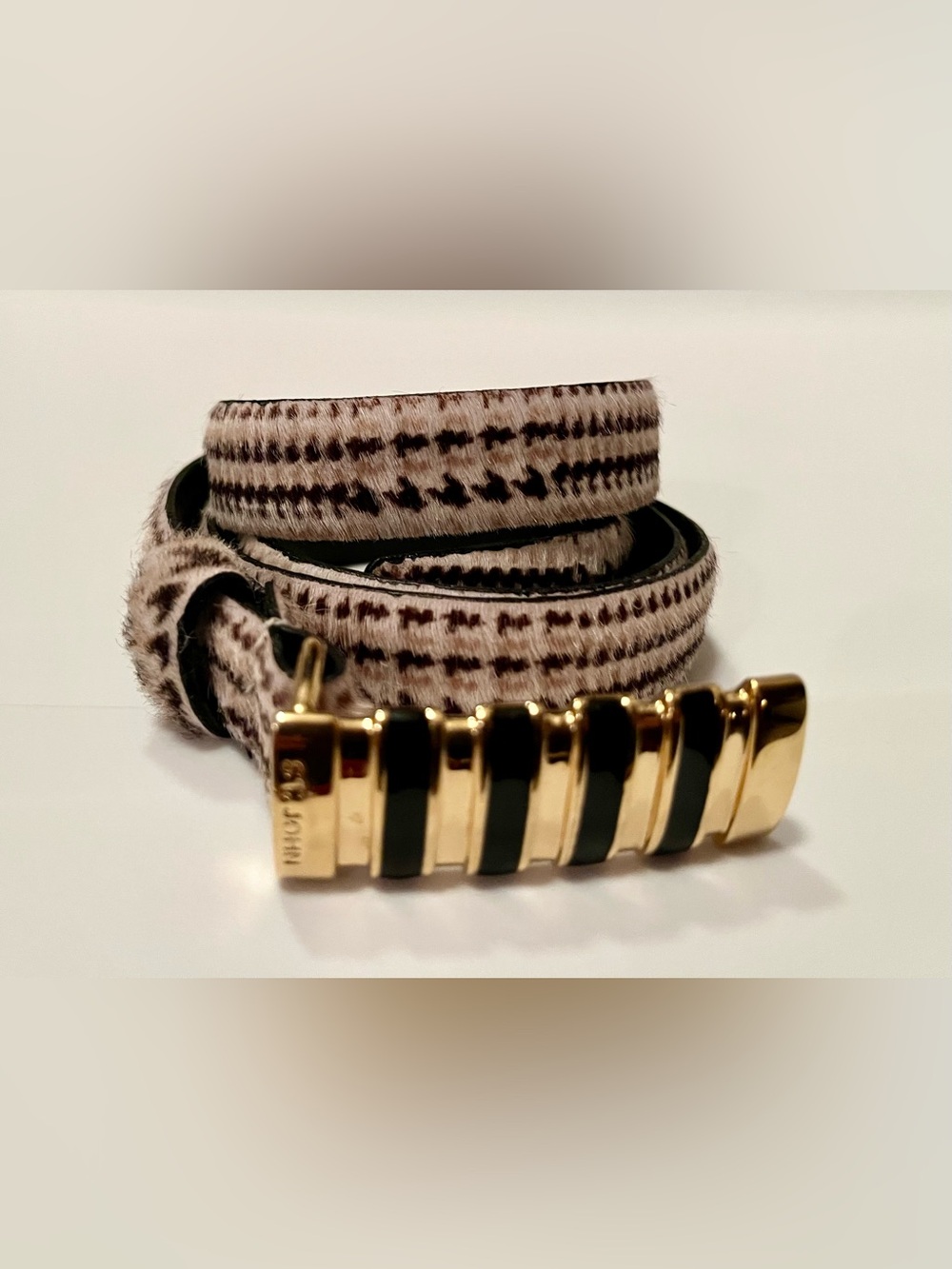 St. John Cream and Brown Haircalf Belt with Gold Buckle